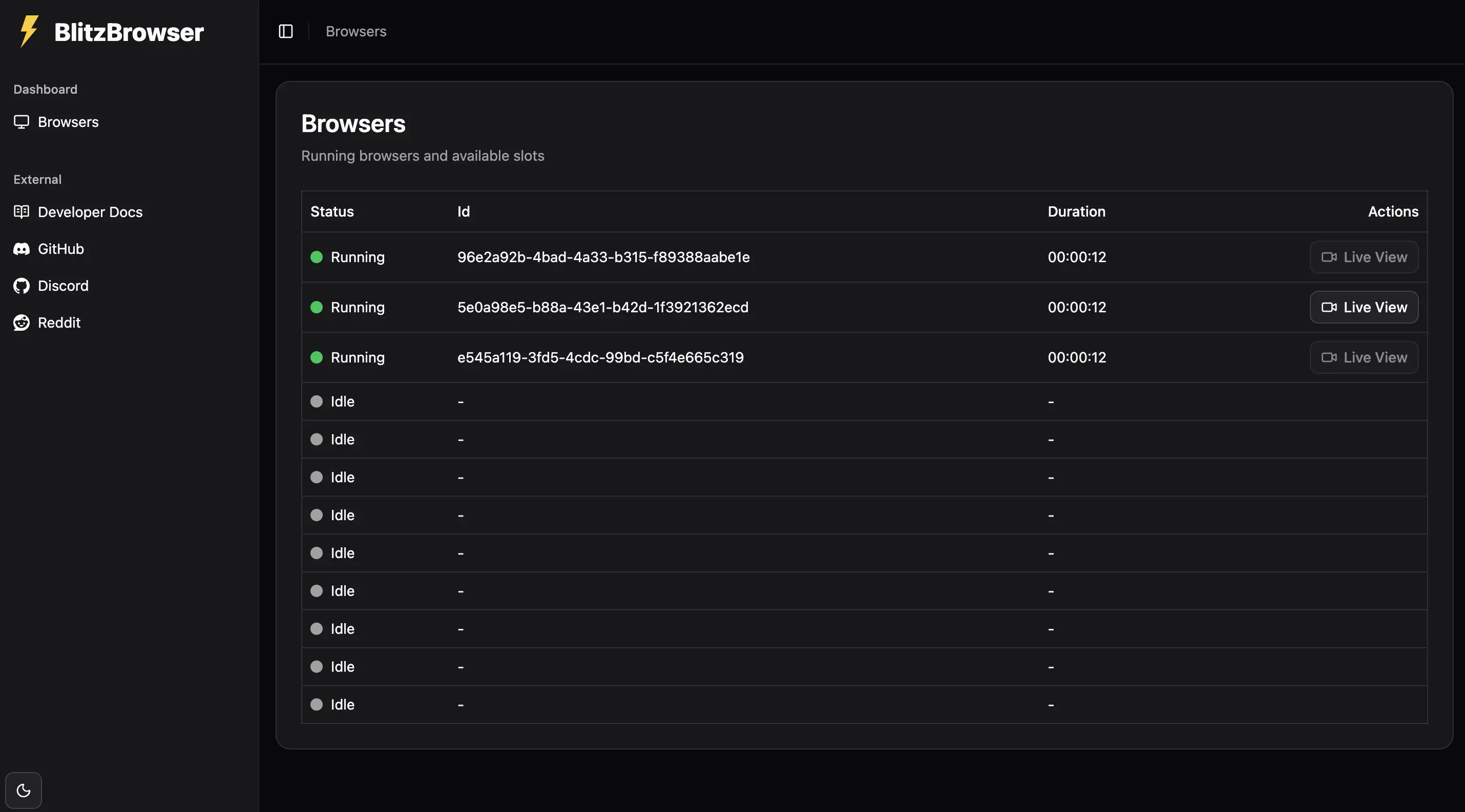 BlitzBrowser dashboard